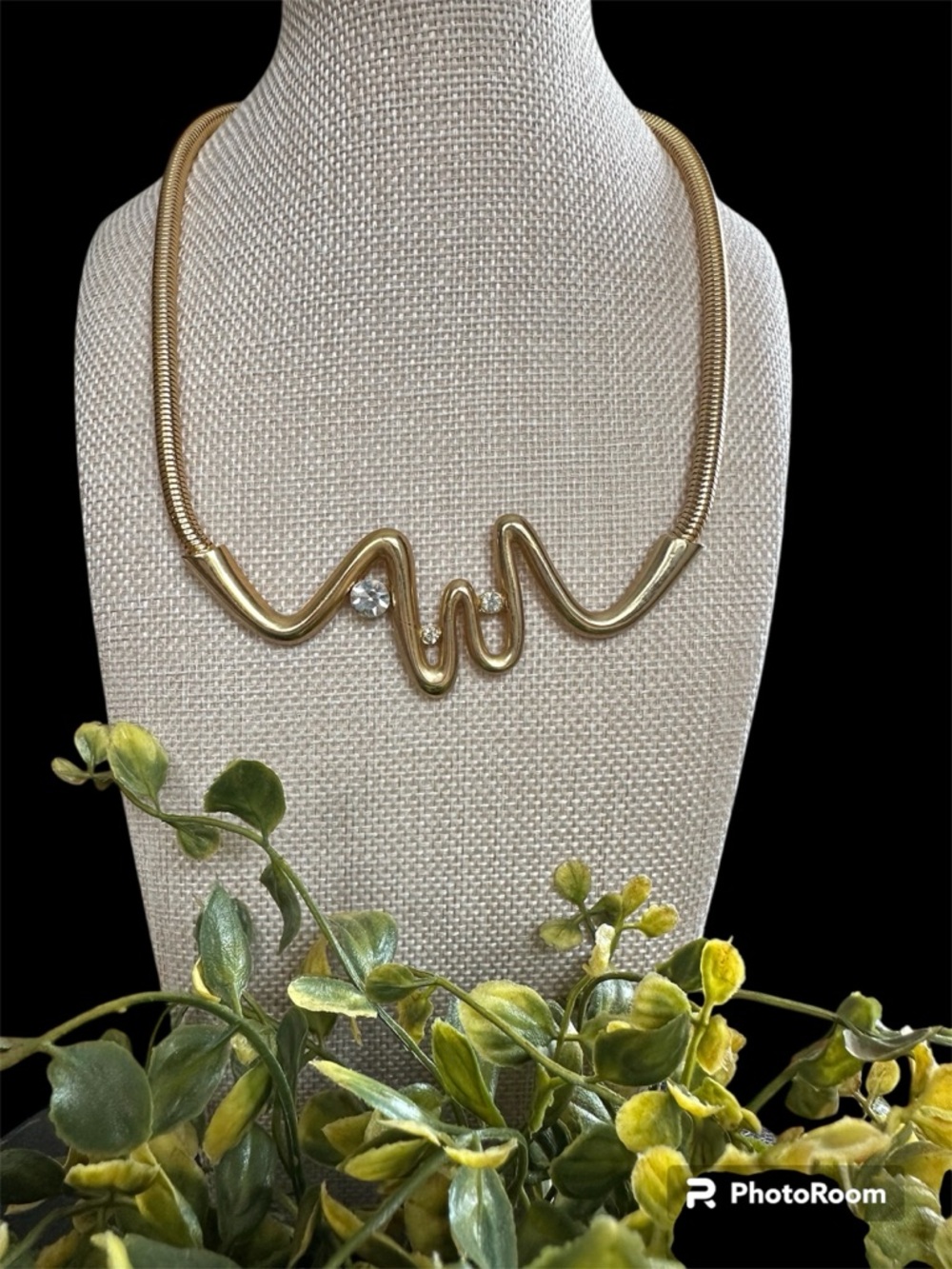 70s-80s Gold Tone Wave Necklace with Clear Crystal Accents